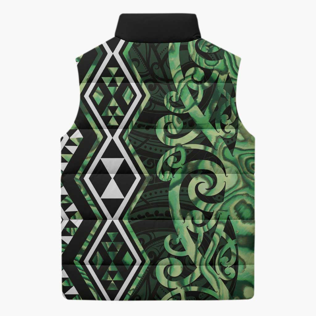 Green Aotearoa Sleeveless Puffer Jacket Taniko Motifs With Paua Shell Kowhaiwhai - Polynesian Pride