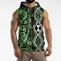 Green Aotearoa Sleeveless Zip Hoodie Taniko Motifs With Paua Shell Kowhaiwhai - Polynesian Pride