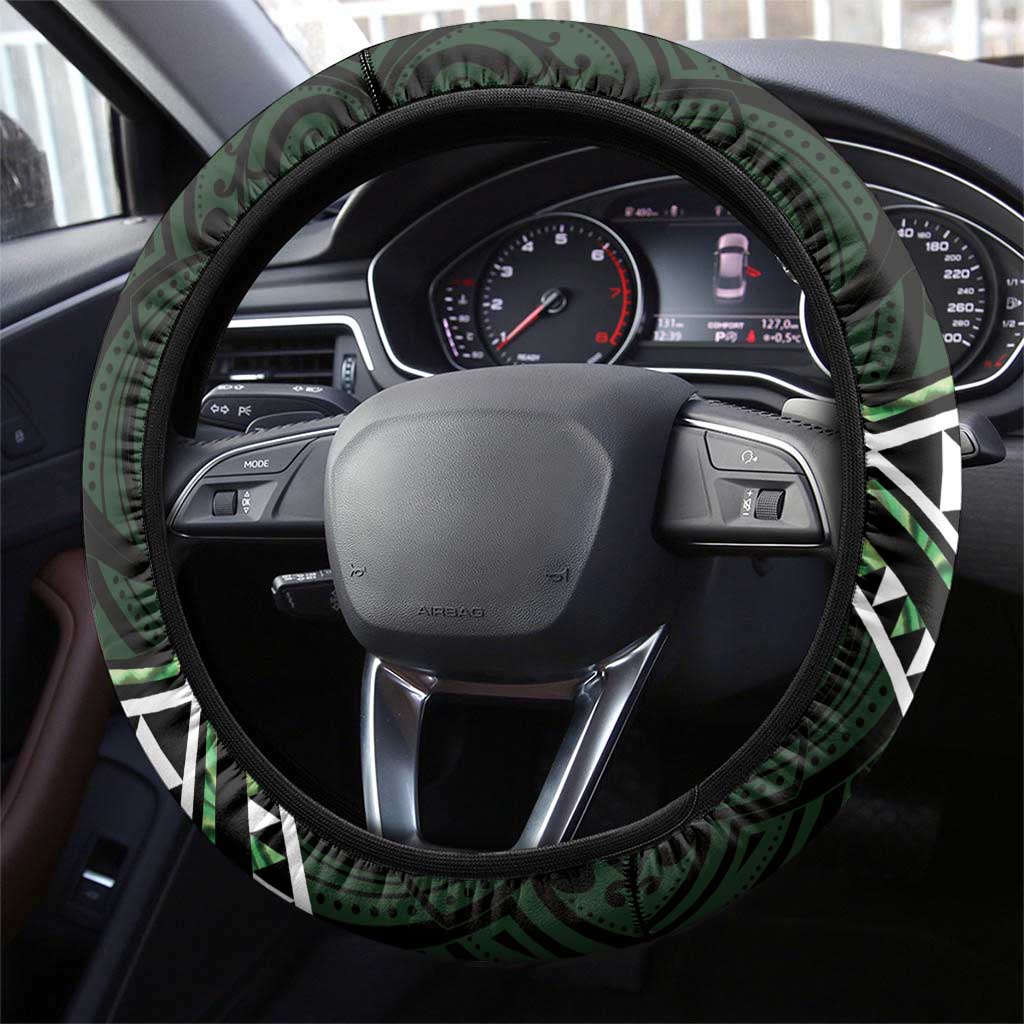 Green Aotearoa Steering Wheel Cover Taniko Motifs With Paua Shell Kowhaiwhai