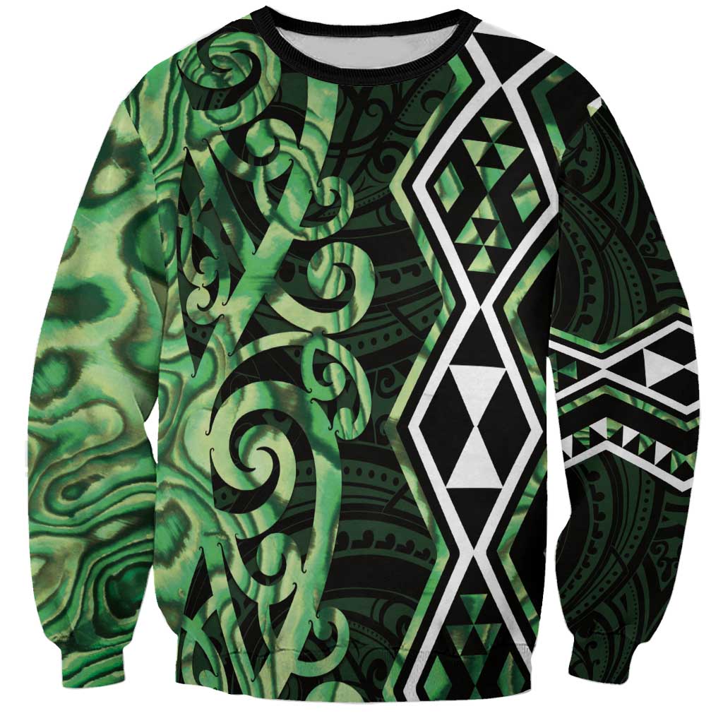 Green Aotearoa Sweatshirt Taniko Motifs With Paua Shell Kowhaiwhai