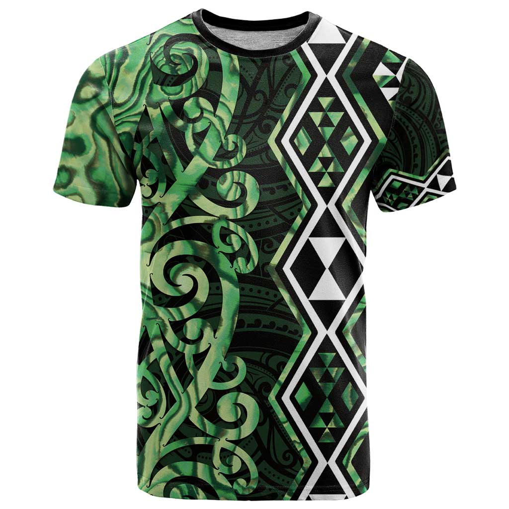 Green Aotearoa T Shirt Taniko Motifs With Paua Shell Kowhaiwhai
