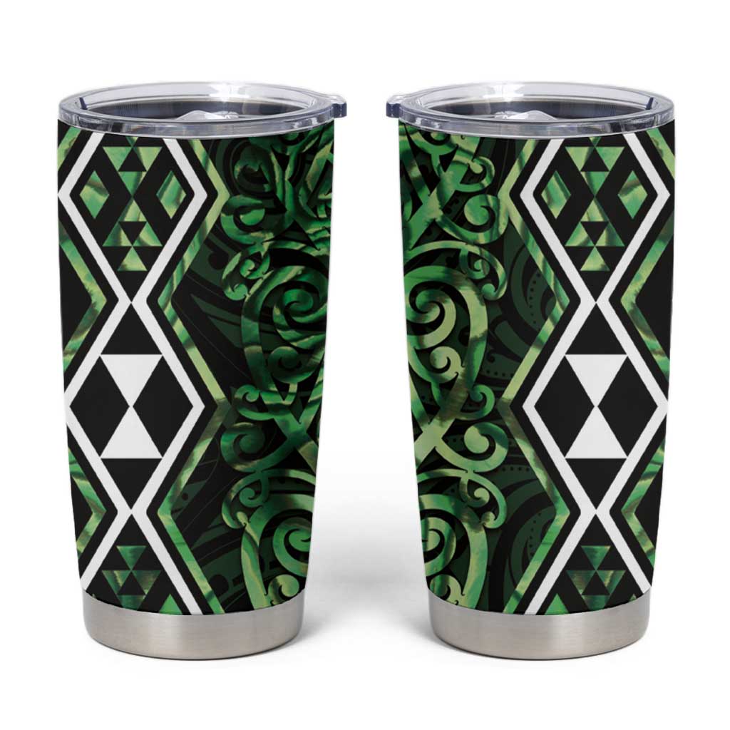 Green Aotearoa Tumbler Cup Taniko Motifs With Paua Shell Kowhaiwhai