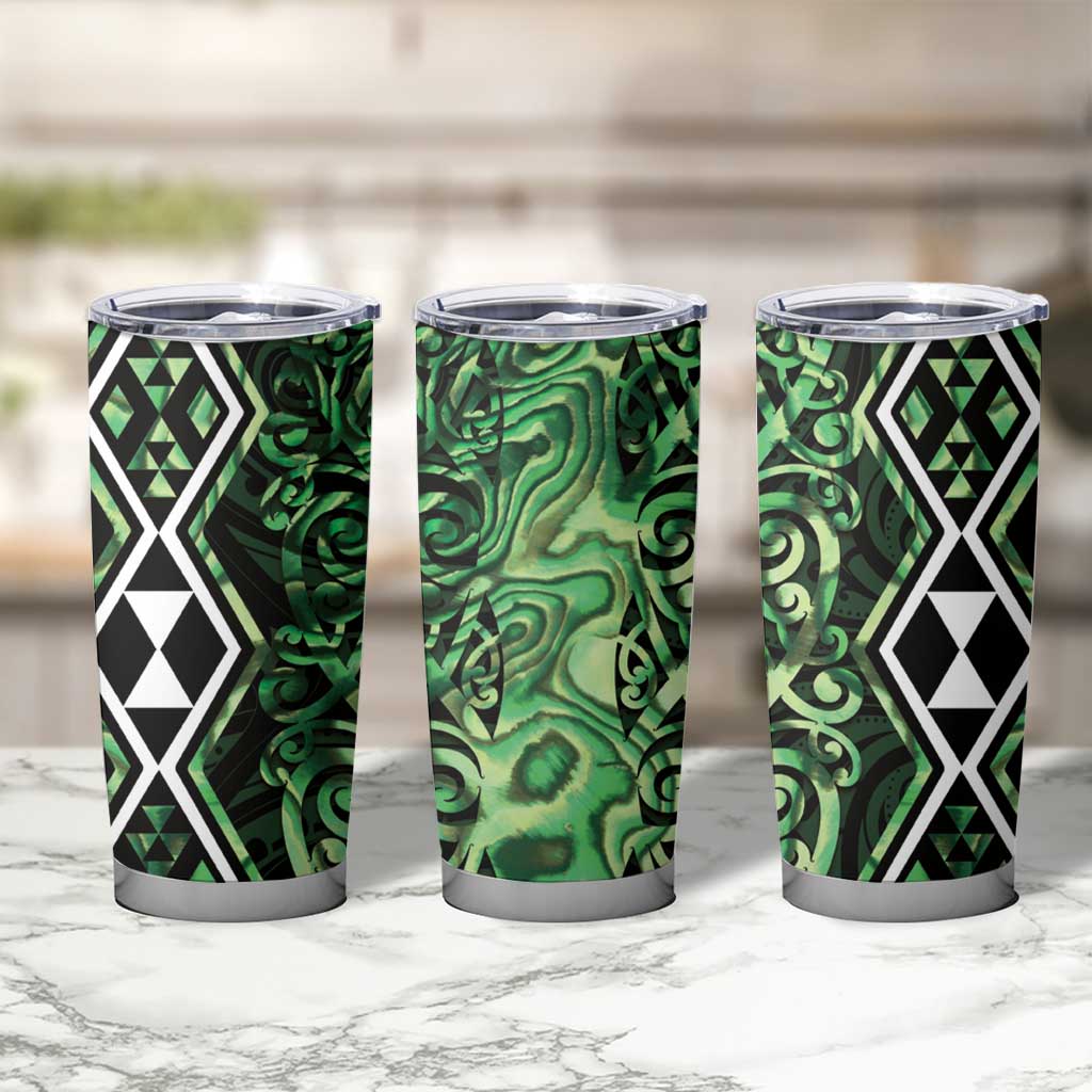 Green Aotearoa Tumbler Cup Taniko Motifs With Paua Shell Kowhaiwhai