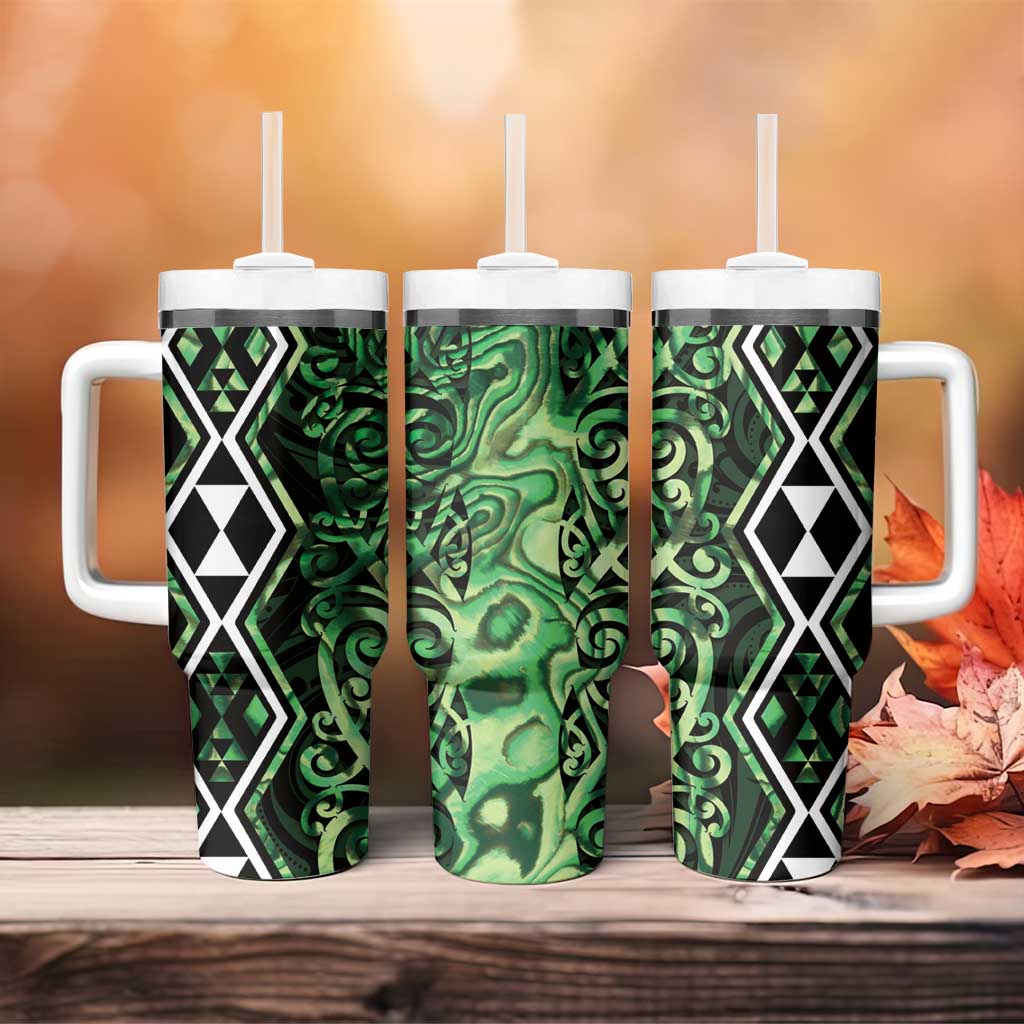 Green Aotearoa Tumbler With Handle Taniko Motifs With Paua Shell Kowhaiwhai
