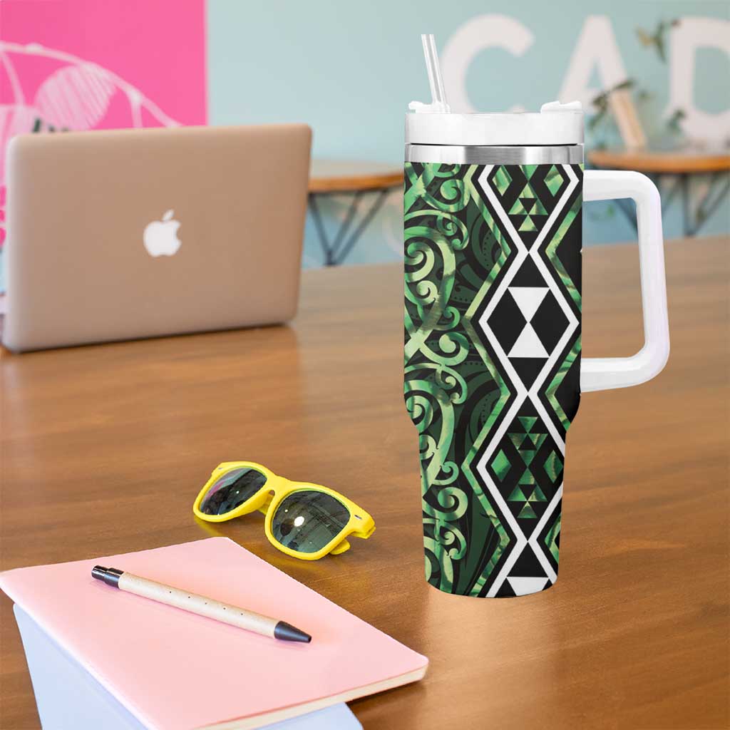 Green Aotearoa Tumbler With Handle Taniko Motifs With Paua Shell Kowhaiwhai