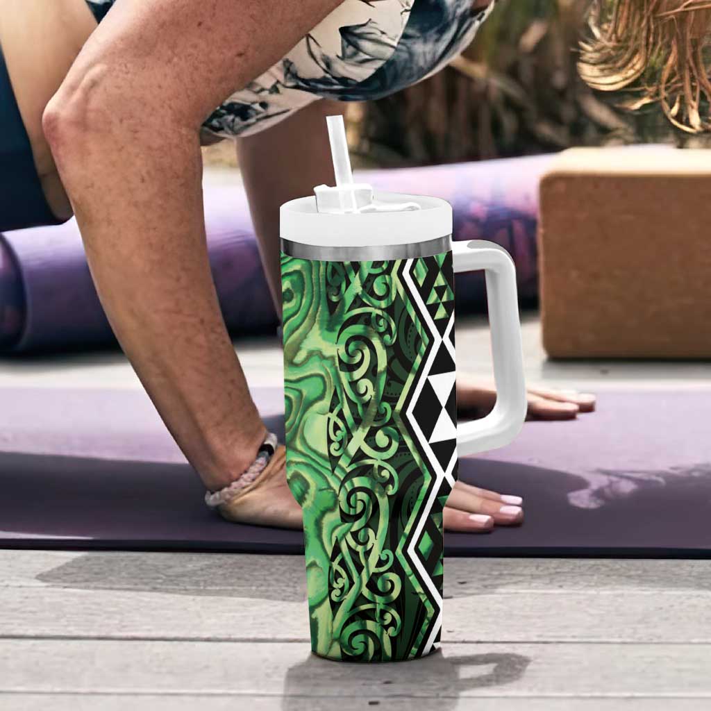 Green Aotearoa Tumbler With Handle Taniko Motifs With Paua Shell Kowhaiwhai