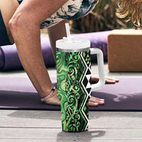 Green Aotearoa Tumbler With Handle Taniko Motifs With Paua Shell Kowhaiwhai