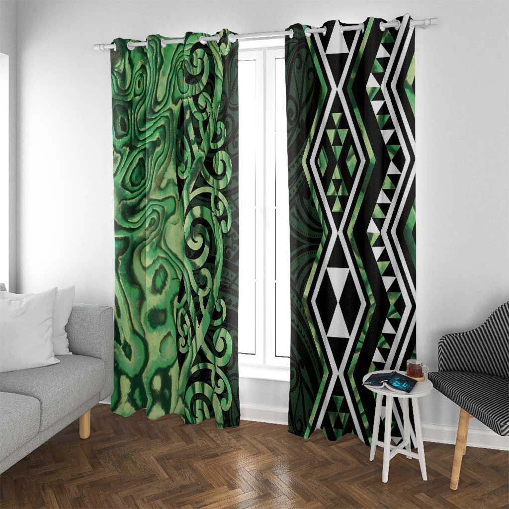 Green Aotearoa Window Curtain Taniko Motifs With Paua Shell Kowhaiwhai
