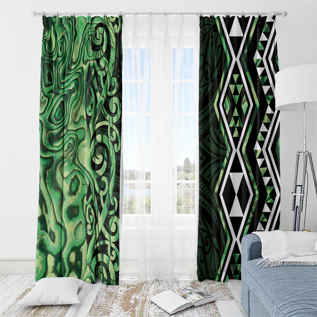 Green Aotearoa Window Curtain Taniko Motifs With Paua Shell Kowhaiwhai