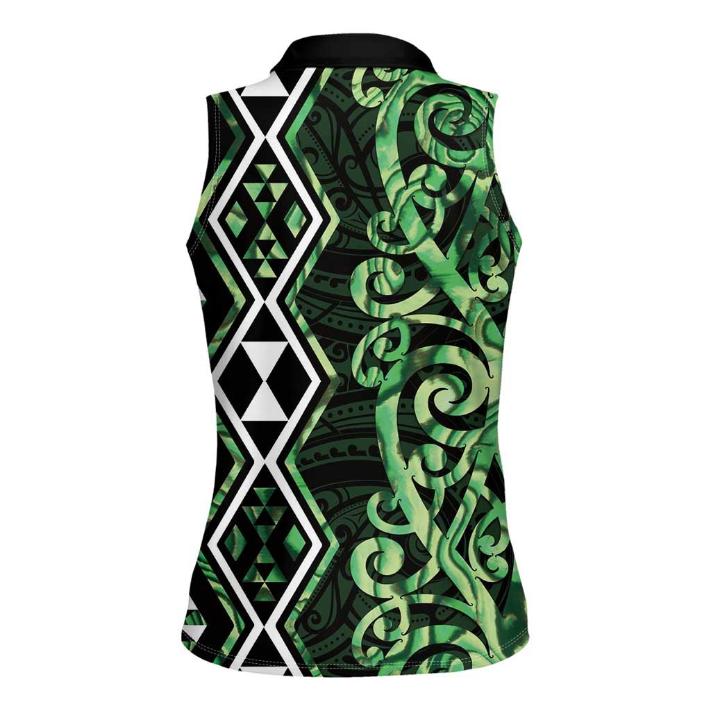 Green Aotearoa Women Sleeveless Polo Shirt Taniko Motifs With Paua Shell Kowhaiwhai