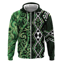 Green Aotearoa Zip Hoodie Taniko Motifs With Paua Shell Kowhaiwhai LT14 Zip Hoodie Green - Polynesian Pride
