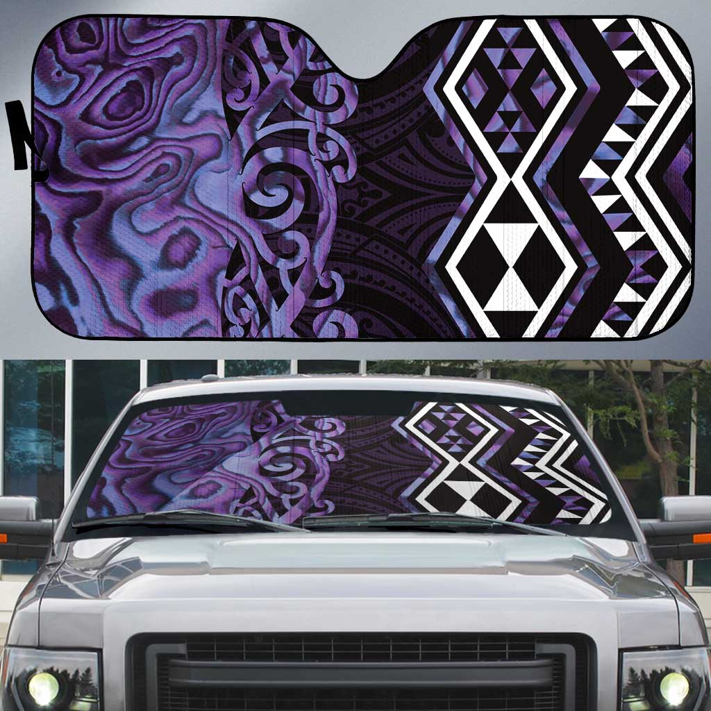 Purple Aotearoa Auto Sun Shade Taniko Motifs With Paua Shell Kowhaiwhai - Polynesian Pride