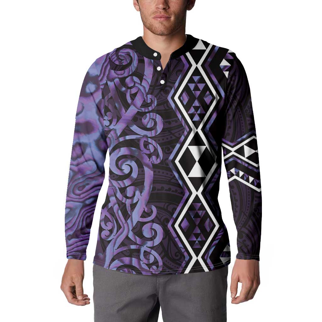 Purple Aotearoa Button Sweatshirt Taniko Motifs With Paua Shell Kowhaiwhai LT14 - Polynesian Pride