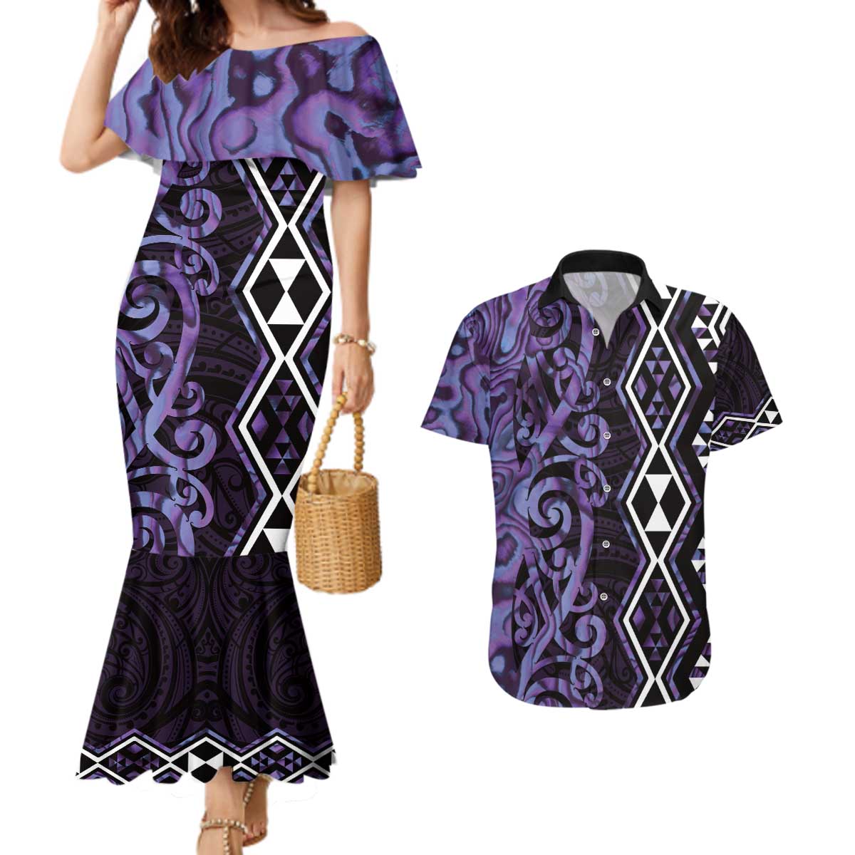 Purple Aotearoa Couples Matching Mermaid Dress and Hawaiian Shirt Taniko Motifs With Paua Shell Kowhaiwhai