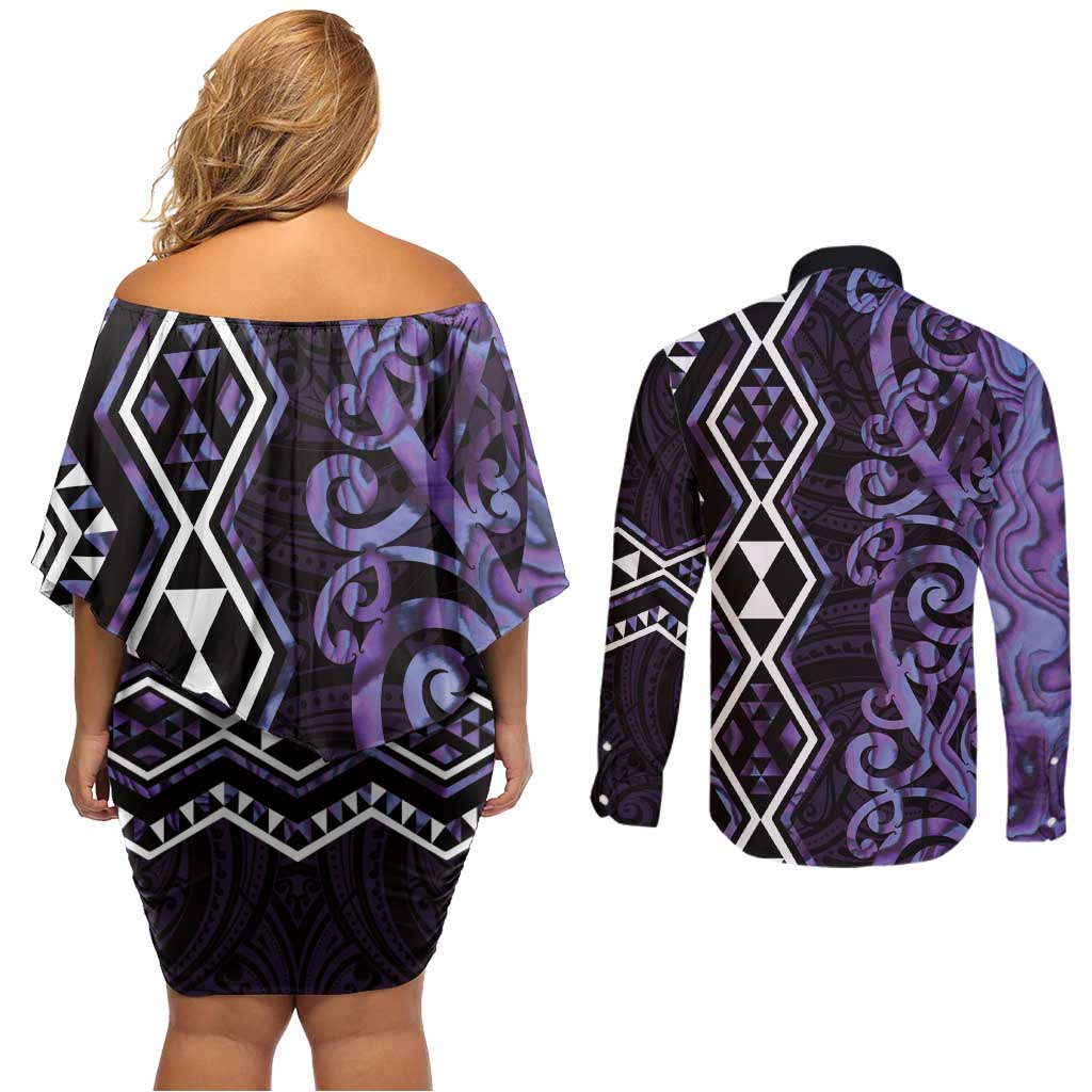 Purple Aotearoa Couples Matching Off Shoulder Short Dress and Long Sleeve Button Shirt Taniko Motifs With Paua Shell Kowhaiwhai