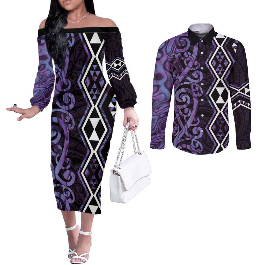 Purple Aotearoa Couples Matching Off The Shoulder Long Sleeve Dress and Long Sleeve Button Shirt Taniko Motifs With Paua Shell Kowhaiwhai