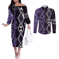 Purple Aotearoa Couples Matching Off The Shoulder Long Sleeve Dress and Long Sleeve Button Shirt Taniko Motifs With Paua Shell Kowhaiwhai