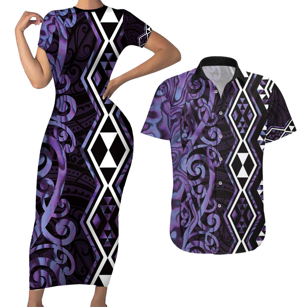 Purple Aotearoa Couples Matching Short Sleeve Bodycon Dress and Hawaiian Shirt Taniko Motifs With Paua Shell Kowhaiwhai
