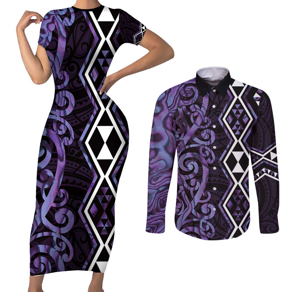 Purple Aotearoa Couples Matching Short Sleeve Bodycon Dress and Long Sleeve Button Shirt Taniko Motifs With Paua Shell Kowhaiwhai