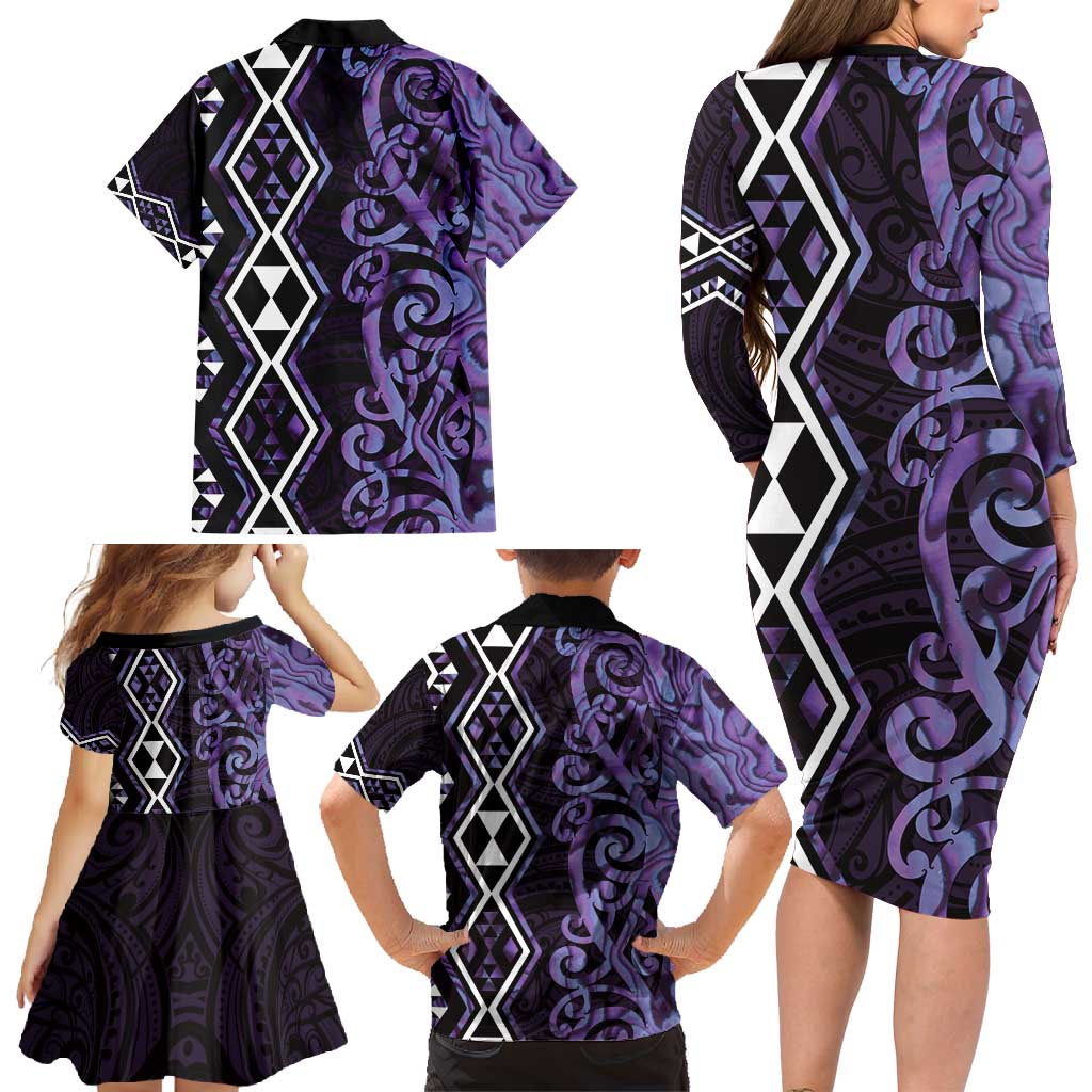 Purple Aotearoa Family Matching Long Sleeve Bodycon Dress and Hawaiian Shirt Taniko Motifs With Paua Shell Kowhaiwhai