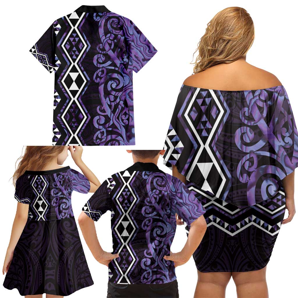 Purple Aotearoa Family Matching Off Shoulder Short Dress and Hawaiian Shirt Taniko Motifs With Paua Shell Kowhaiwhai