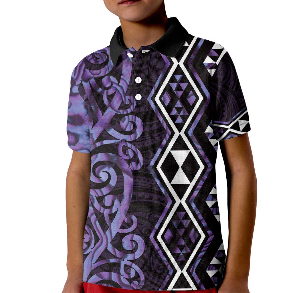 Purple Aotearoa Kid Polo Shirt Taniko Motifs With Paua Shell Kowhaiwhai LT14 Kid Purple - Polynesian Pride