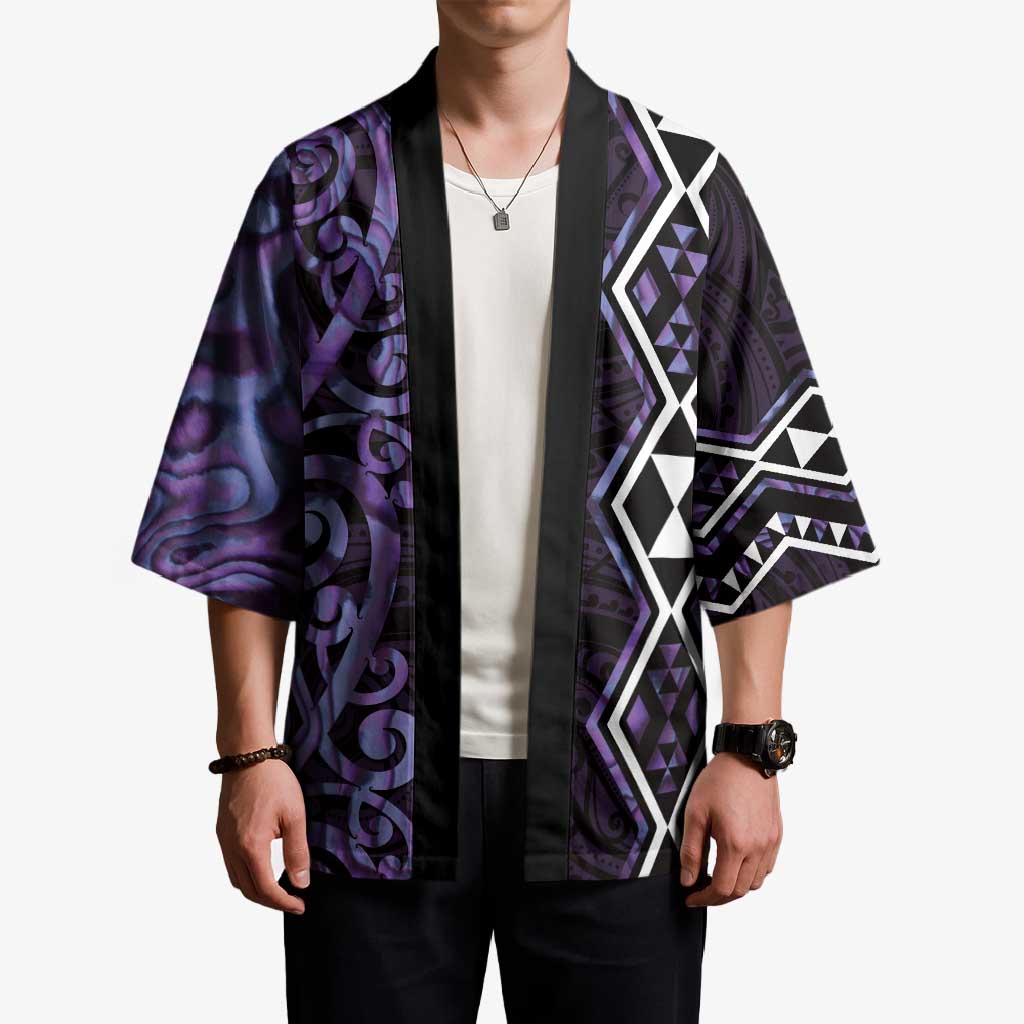 Purple Aotearoa Kimono Taniko Motifs With Paua Shell Kowhaiwhai - Polynesian Pride