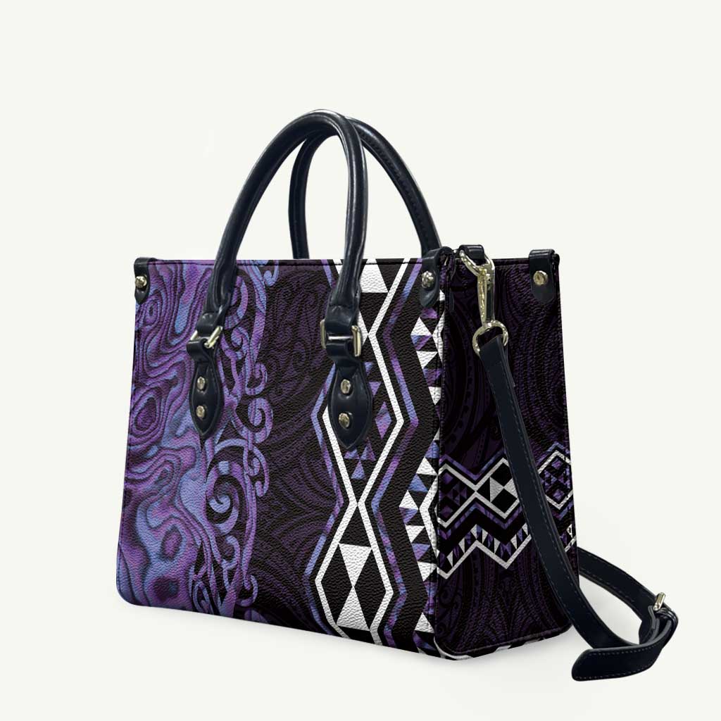 Purple Aotearoa Leather Bag Taniko Motifs With Paua Shell Kowhaiwhai - Polynesian Pride