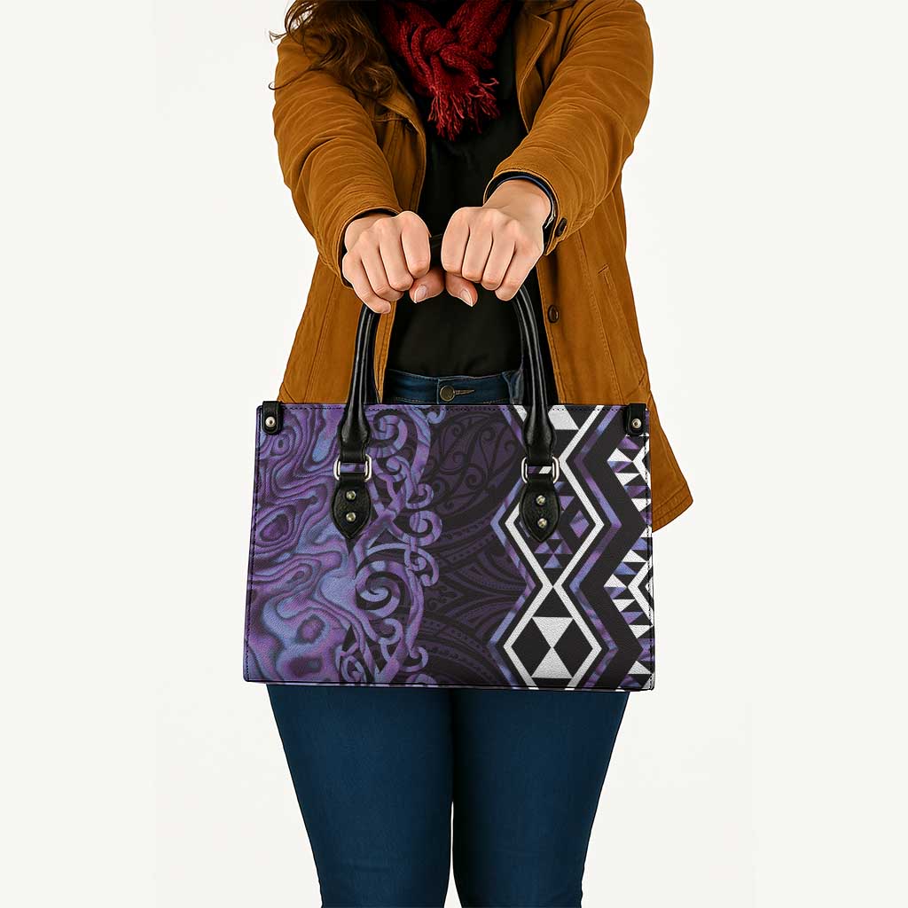 Purple Aotearoa Leather Bag Taniko Motifs With Paua Shell Kowhaiwhai - Polynesian Pride