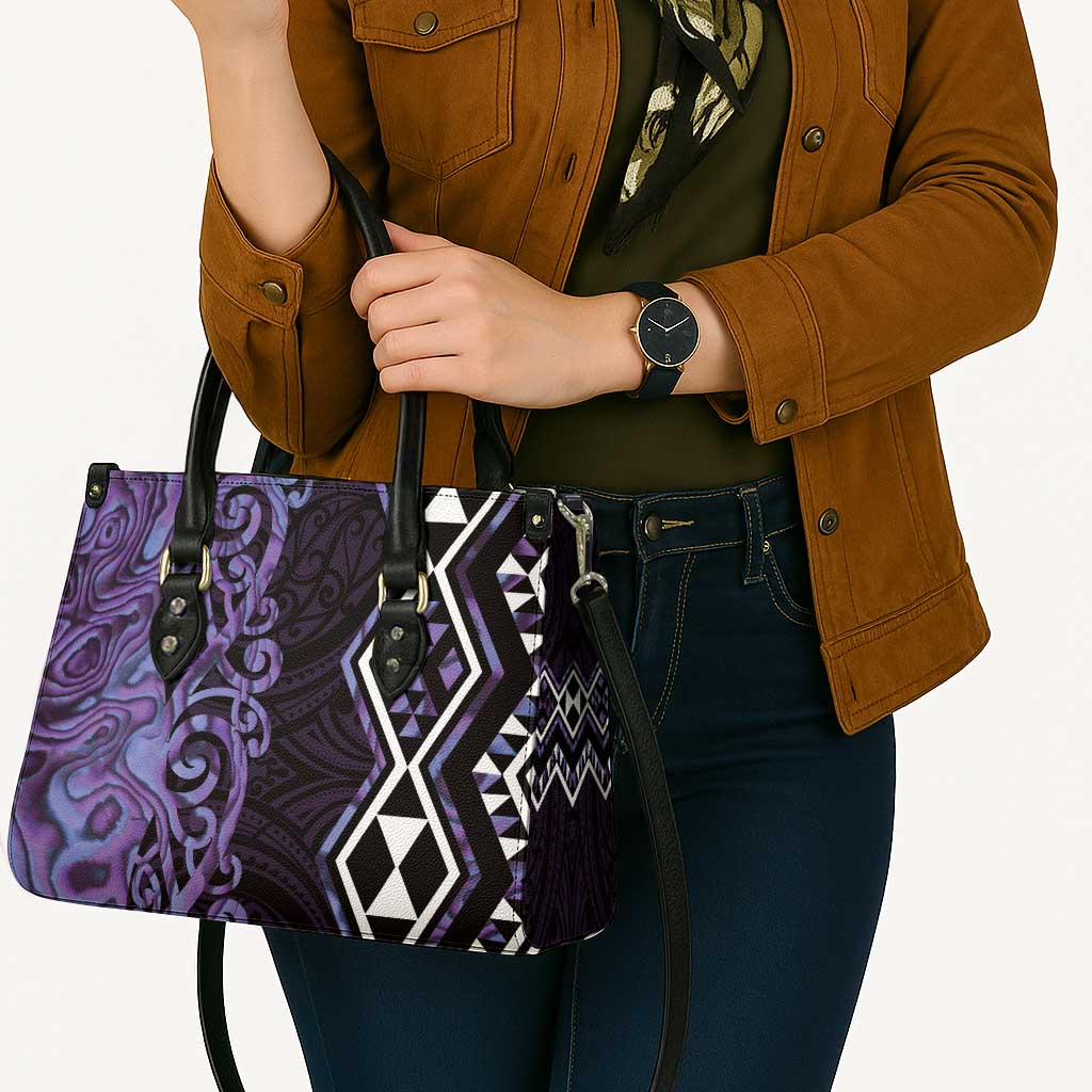 Purple Aotearoa Leather Bag Taniko Motifs With Paua Shell Kowhaiwhai - Polynesian Pride