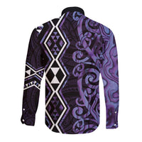 Purple Aotearoa Long Sleeve Button Shirt Taniko Motifs With Paua Shell Kowhaiwhai