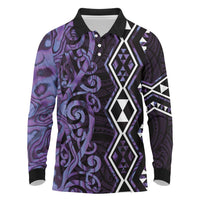 Purple Aotearoa Long Sleeve Polo Shirt Taniko Motifs With Paua Shell Kowhaiwhai