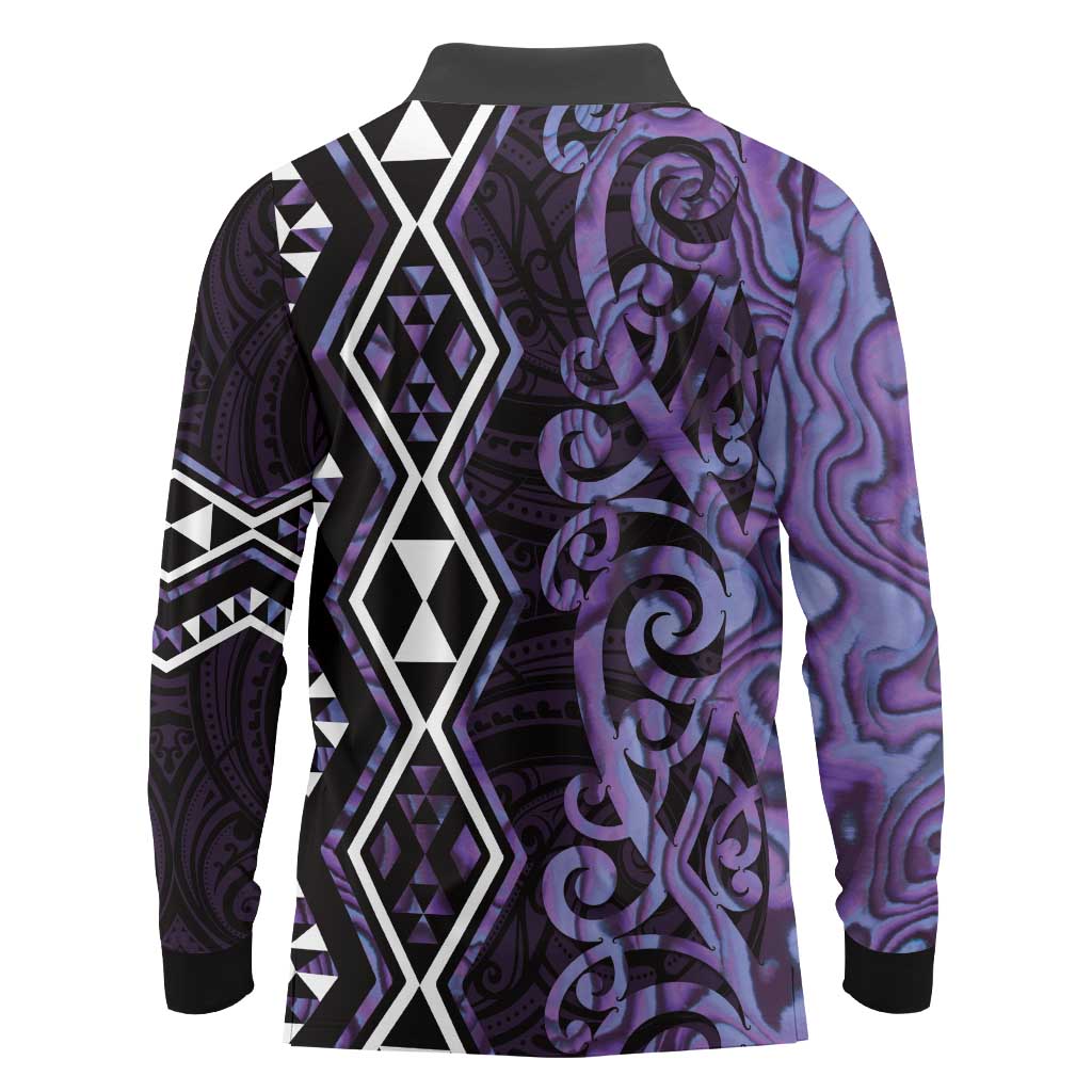 Purple Aotearoa Long Sleeve Polo Shirt Taniko Motifs With Paua Shell Kowhaiwhai