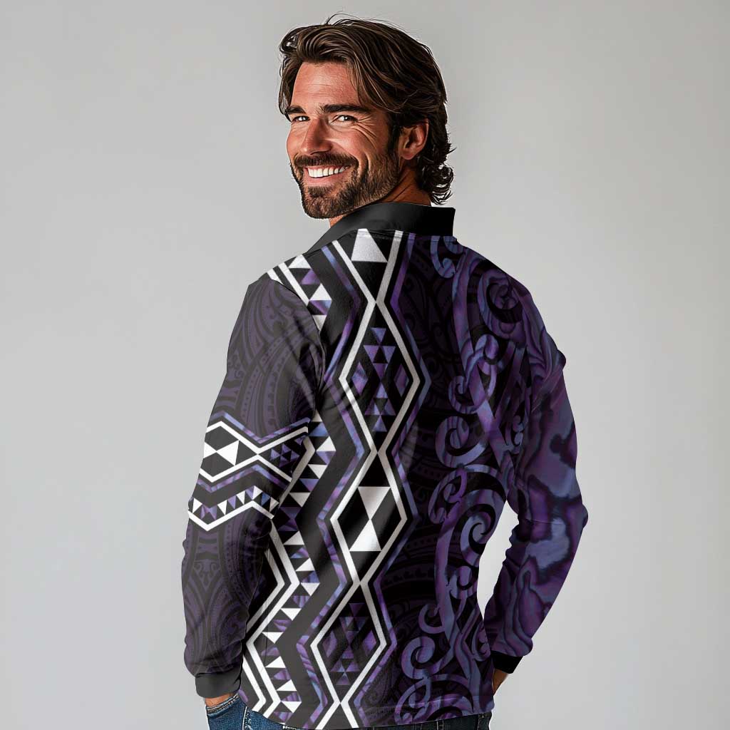 Purple Aotearoa Long Sleeve Polo Shirt Taniko Motifs With Paua Shell Kowhaiwhai