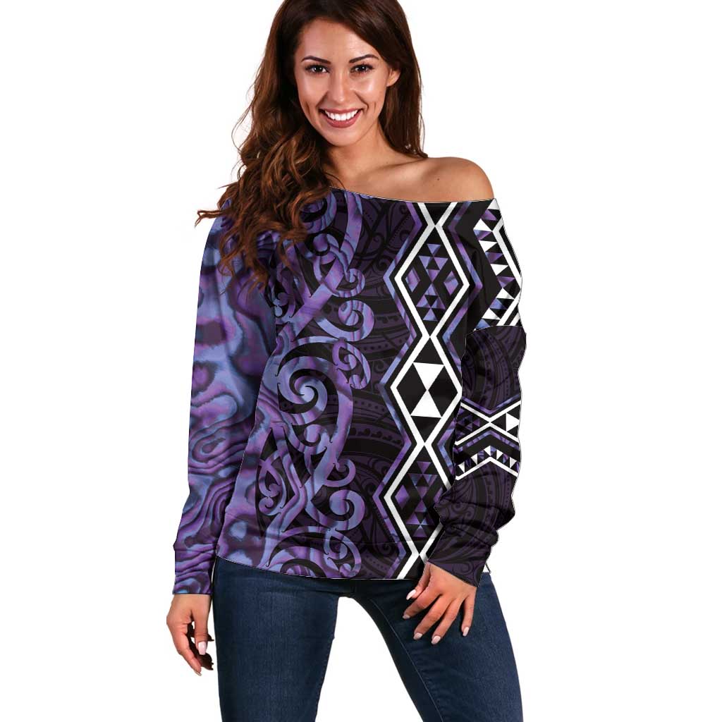 Purple Aotearoa Off Shoulder Sweater Taniko Motifs With Paua Shell Kowhaiwhai LT14 Women Purple - Polynesian Pride