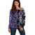 Purple Aotearoa Off Shoulder Sweater Taniko Motifs With Paua Shell Kowhaiwhai