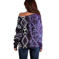 Purple Aotearoa Off Shoulder Sweater Taniko Motifs With Paua Shell Kowhaiwhai