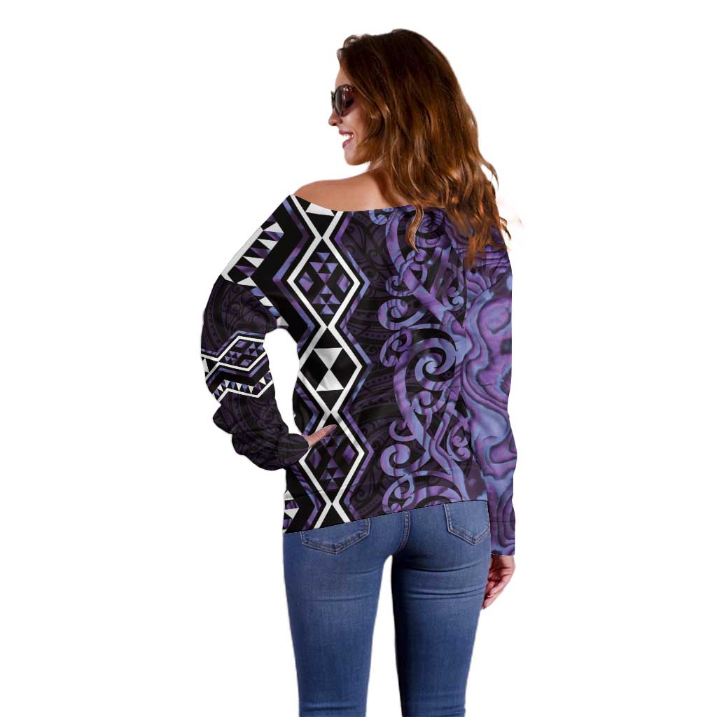 Purple Aotearoa Off Shoulder Sweater Taniko Motifs With Paua Shell Kowhaiwhai