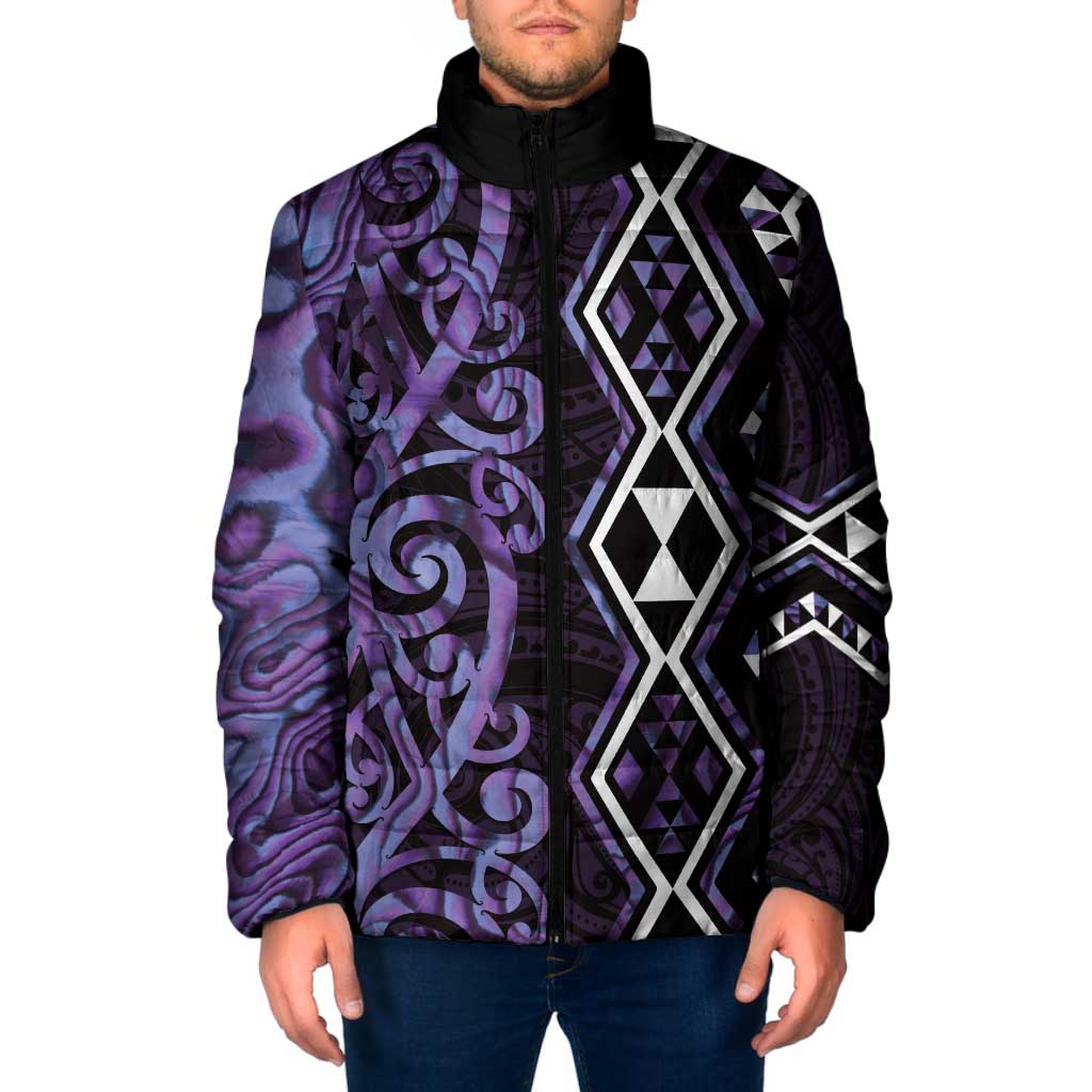 Purple Aotearoa Padded Jacket Taniko Motifs With Paua Shell Kowhaiwhai - Polynesian Pride
