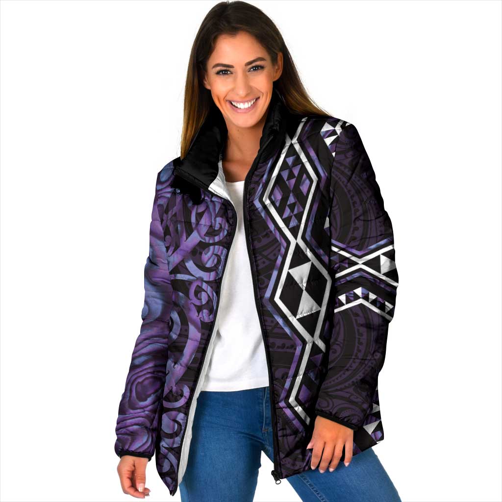 Purple Aotearoa Padded Jacket Taniko Motifs With Paua Shell Kowhaiwhai - Polynesian Pride