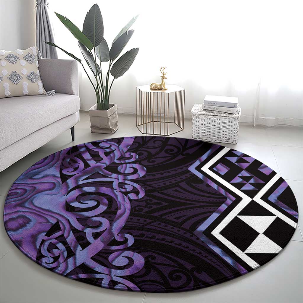 Purple Aotearoa Round Carpet Taniko Motifs With Paua Shell Kowhaiwhai LT14 - Polynesian Pride