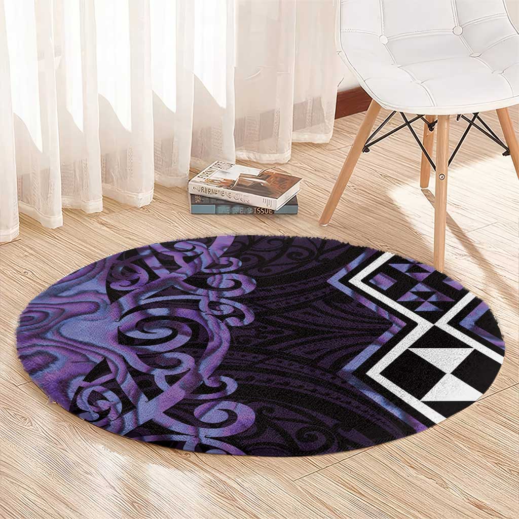 Purple Aotearoa Round Carpet Taniko Motifs With Paua Shell Kowhaiwhai LT14 - Polynesian Pride