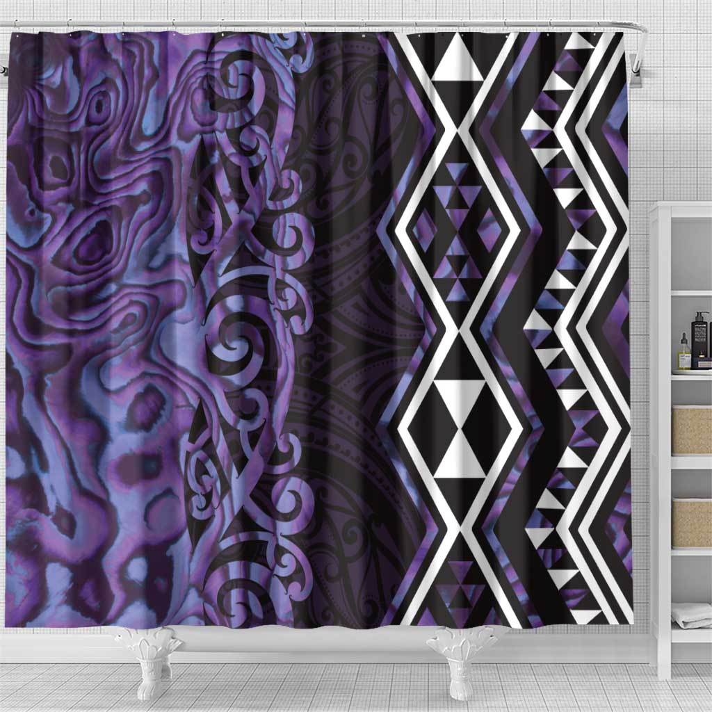 Purple Aotearoa Shower Curtain Taniko Motifs With Paua Shell Kowhaiwhai LT14 - Polynesian Pride