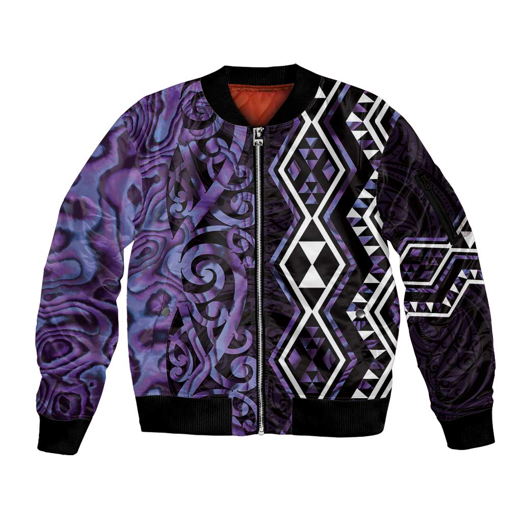 Purple Aotearoa Sleeve Zip Bomber Jacket Taniko Motifs With Paua Shell Kowhaiwhai LT14 Unisex Purple - Polynesian Pride