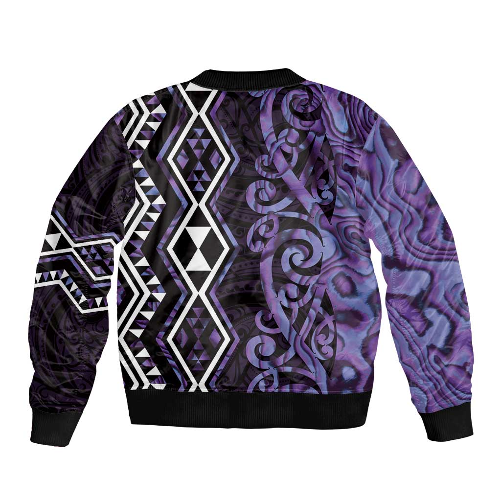 Purple Aotearoa Sleeve Zip Bomber Jacket Taniko Motifs With Paua Shell Kowhaiwhai