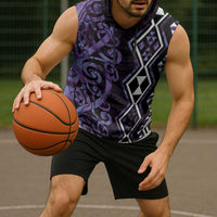 Purple Aotearoa Sleeveless Hoodie Taniko Motifs With Paua Shell Kowhaiwhai - Polynesian Pride