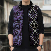 Purple Aotearoa Sleeveless Puffer Jacket Taniko Motifs With Paua Shell Kowhaiwhai - Polynesian Pride