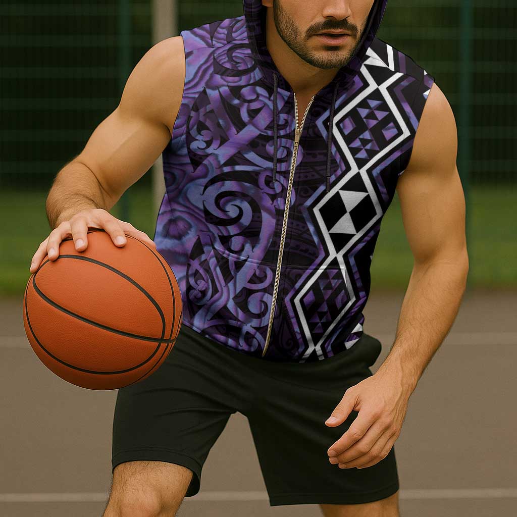 Purple Aotearoa Sleeveless Zip Hoodie Taniko Motifs With Paua Shell Kowhaiwhai - Polynesian Pride