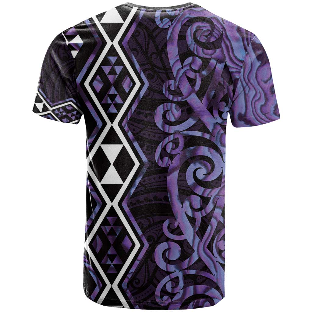Purple Aotearoa T Shirt Taniko Motifs With Paua Shell Kowhaiwhai