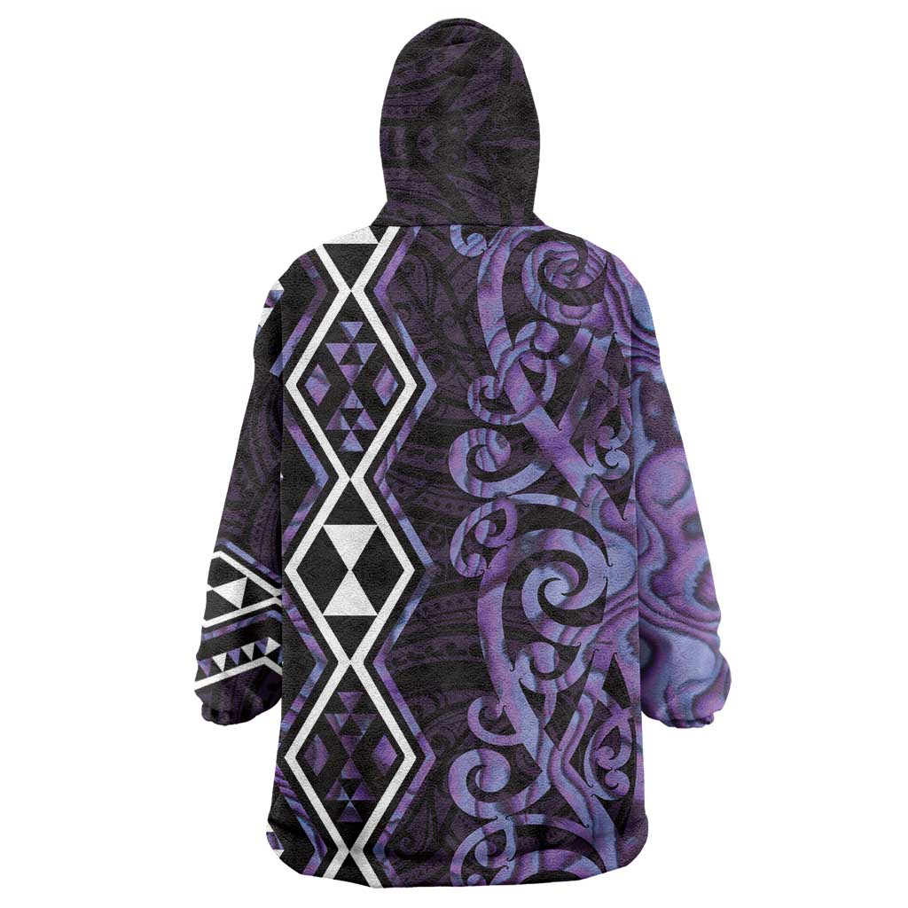 Purple Aotearoa Wearable Blanket Hoodie Taniko Motifs With Paua Shell Kowhaiwhai